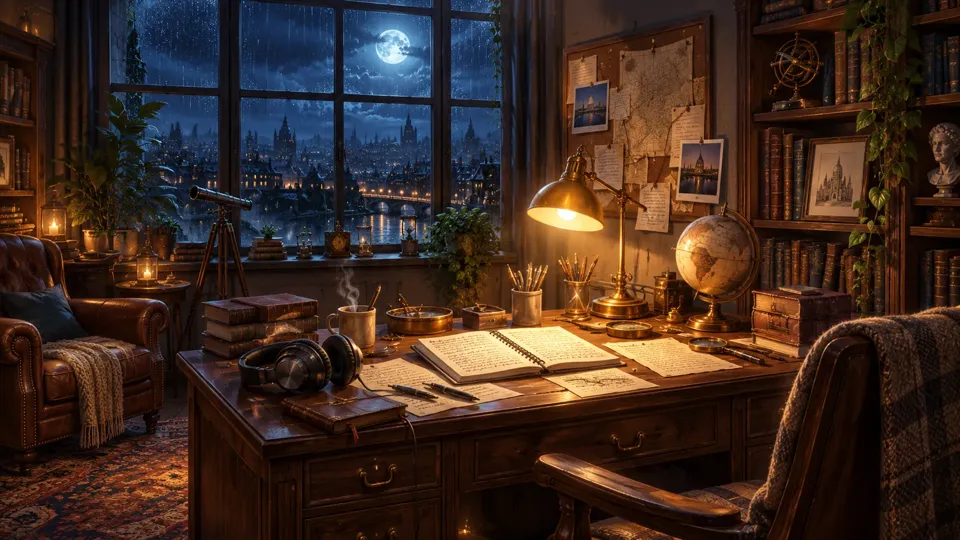 A cozy study with a lamplit writing desk, books and a blue nighttime window