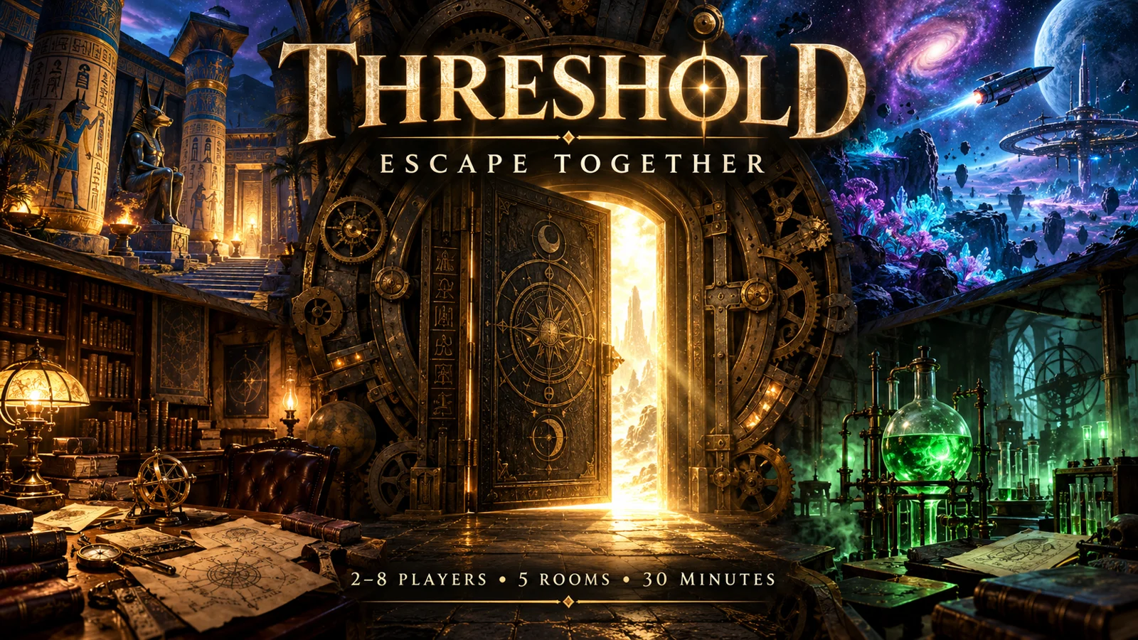 Threshold: a glowing clockwork doorway surrounded by a study, Egyptian temple, evil laboratory and galaxy