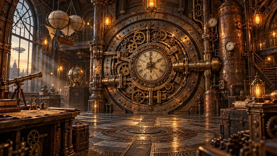 A brass clockwork vault filled with intricate gears and warm lantern light